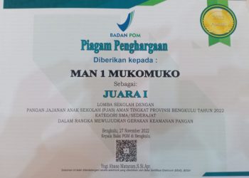 MAN 1 Mukomuko Juara 1 Sekolah dengan Komitmen dan Inovasi PJAS Terbaik Provinsi Bengkulu