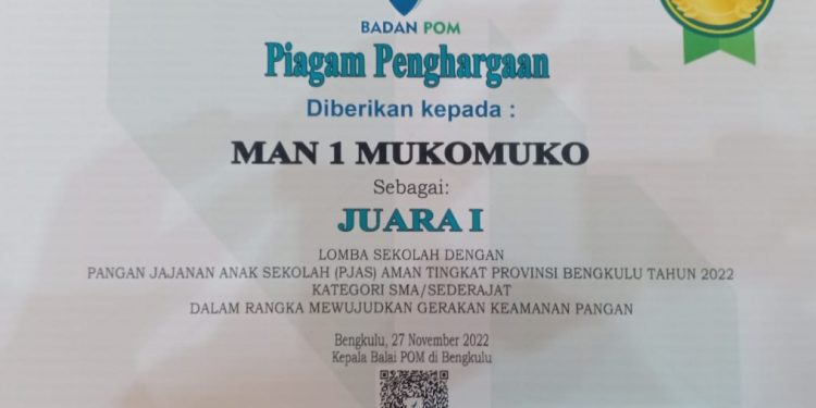 MAN 1 Mukomuko Juara 1 Sekolah dengan Komitmen dan Inovasi PJAS Terbaik Provinsi Bengkulu