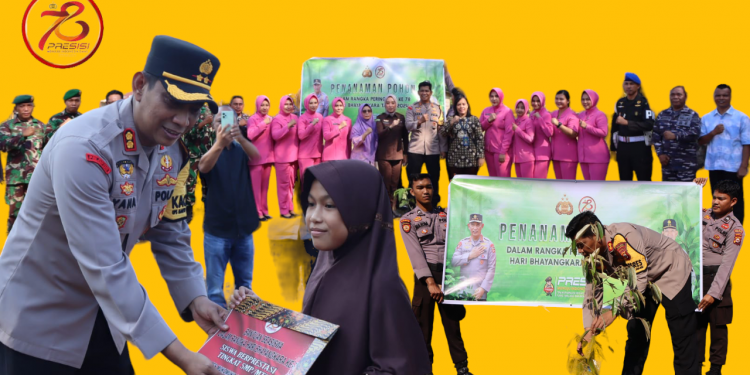 HUT Bhayangkara ke-78 : Kapolres Mukomuko Serahkan Bibit Pohon Serta Bantuan Beasiswa Kepada Siswa Berprestasi 