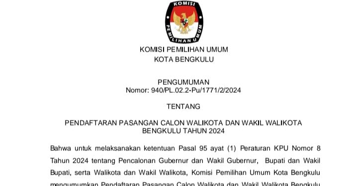 KPU: Pendaftaran Pasangan Calon Walikota dan Wakil Walikota Bengkulu tahun 2024